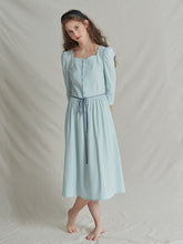 Square Neck Linen Dress with Waist Tie and Covered Buttons